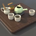 Traditional Tea Set with Green Teapot White Cups Tea Pitcher and Wooden Tray