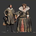 Historical Costume Figures In Elaborate Vintage Attire With Ornate Clothing Details