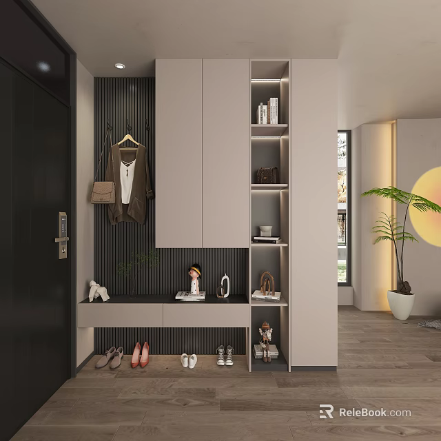 Modern Functional Entryway Hallway With Storage Cabinets Bench And Decor 3d model