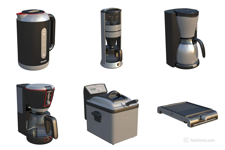 Various Modern Kitchen Appliances Including Kettle Coffee Maker Toaster And Griddle 3d model 