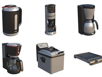 Various Modern Kitchen Appliances Including Kettle Coffee Maker Toaster And Griddle 3d model