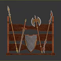 Ancient Weapons Arranged on Wooden Rack with Spear Sword Axe and Shield