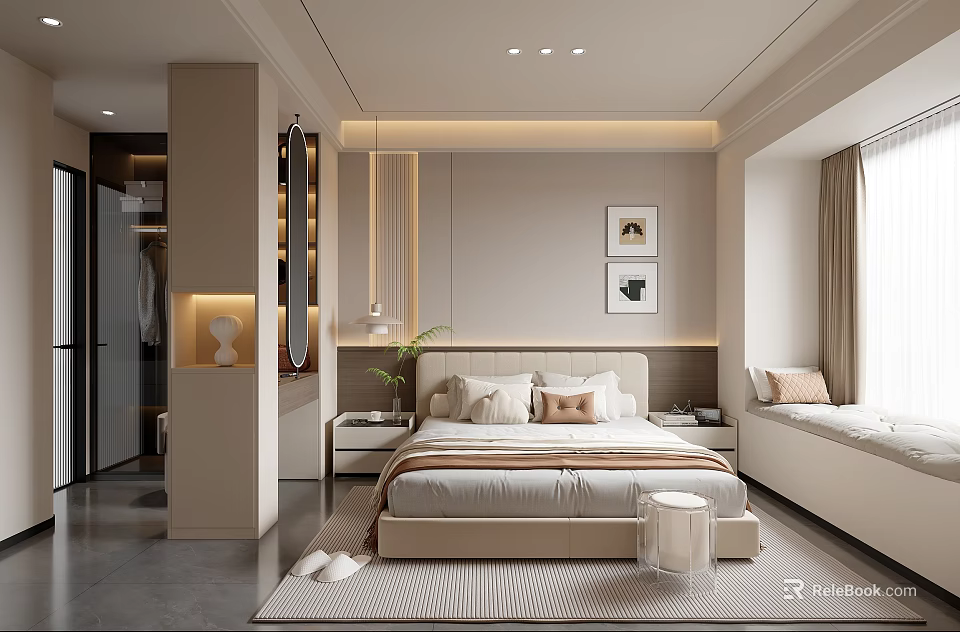 Modern Bedroom Interior Design With Soft Tones Bed Headboard And Window Seat 3d model 