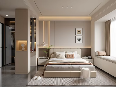 Modern Bedroom Interior Design With Soft Tones Bed Headboard And Window Seat 3d model