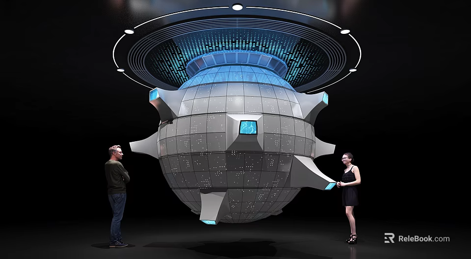 Futuristic Spherical Tech Device With Circular Light Ring Grid Surface And People Observing 3d model 