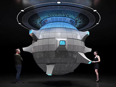 Futuristic Spherical Tech Device With Circular Light Ring Grid Surface And People Observing 3d model