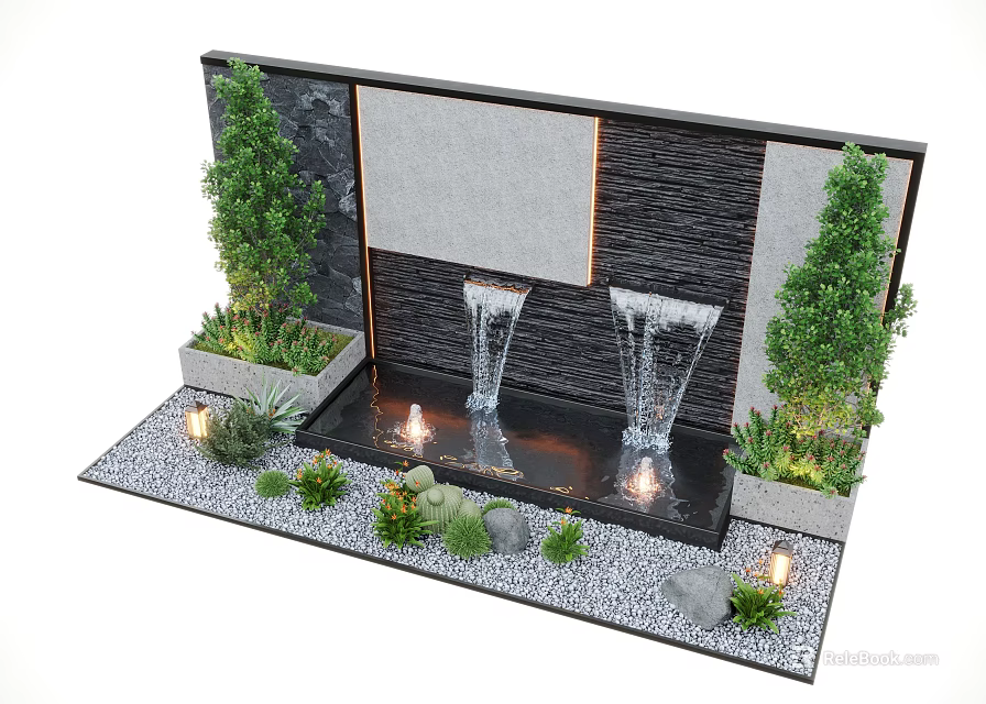 Modern Feature Wall Design With Waterfalls Green Trees And Gravel Lighting Elements 3d model