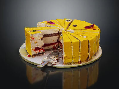 Layered Yellow Cake with Sliced Cream Filling and Petal Toppings on White Plate with Knife 3d model