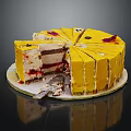 Layered Yellow Cake with Sliced Cream Filling and Petal Toppings on White Plate with Knife
