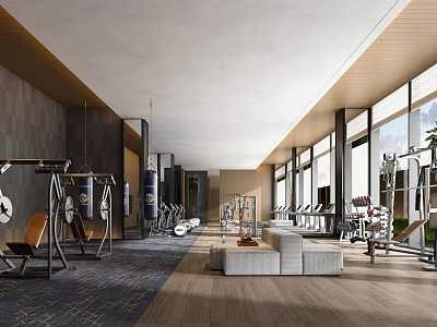 Modern Gym Interior With Fitness Equipment Seating Area Large Windows Wooden Flooring And Gray Walls 3d model