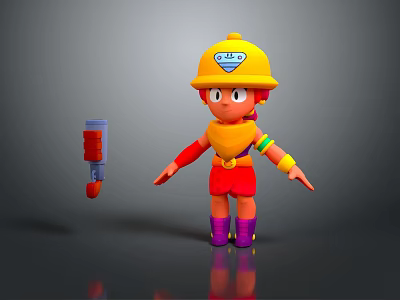 Game Movie Character In Yellow Helmet Orange Top Red Shorts Purple Boots With Tool 3d model