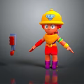 Game Movie Character In Yellow Helmet Orange Top Red Shorts Purple Boots With Tool
