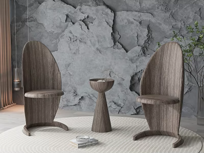 Elegant Wooden Textured Dining Chairs With Gray Wall Small Round Table Green Plant 3d model