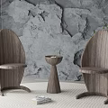 Elegant Wooden Textured Dining Chairs With Gray Wall Small Round Table Green Plant