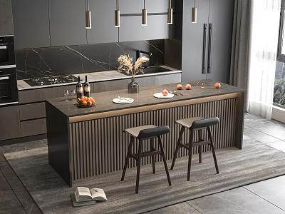 Modern Kitchen Bar Counter With Dark Countertop Oranges Wine Bottles Vase And Black Stools 3d model