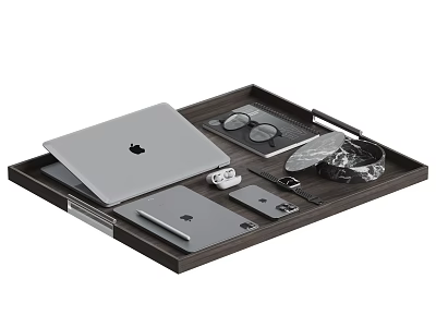Wooden Tray Tech Setup With Laptop Tablet Smartphone Watch Glasses Notebook And Pen 3d model