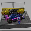 Blue And Pink Racing Car With Pit Figure Near Track Side Tire Wall