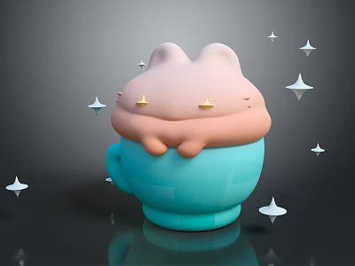 Blue Cup With Cute Pink Bunny Design And Floating Star Decorations 3d model