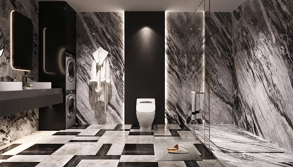 Modern Bathroom Design With Black Marble Walls White Toilet Glass Shower Enclosure Geometric Floor Tiles 3d model 