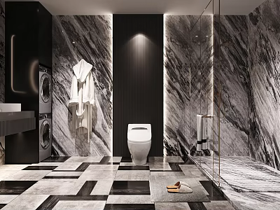 Modern Bathroom Design With Black Marble Walls White Toilet Glass Shower Enclosure Geometric Floor Tiles 3d model