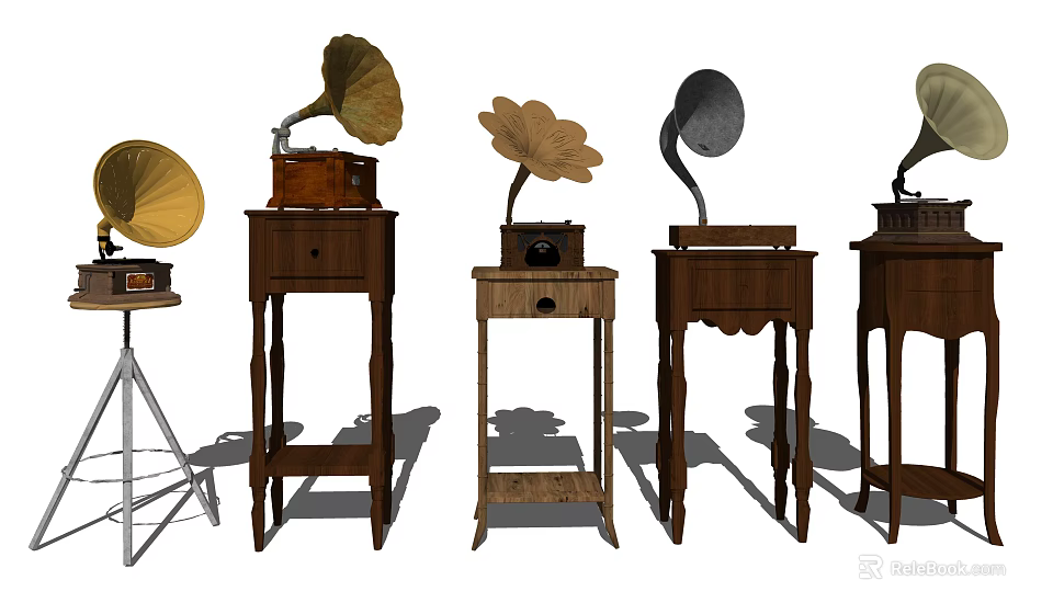 Vintage Gramophones on Various Wooden and Metal Stands with Classic Horns 3d model 