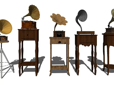 Vintage Gramophones on Various Wooden and Metal Stands with Classic Horns 3d model