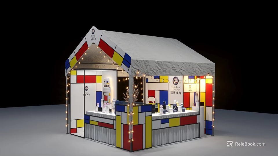 Colorful Square Decorative Booth With White Tent Roof And String Lights 3d model 