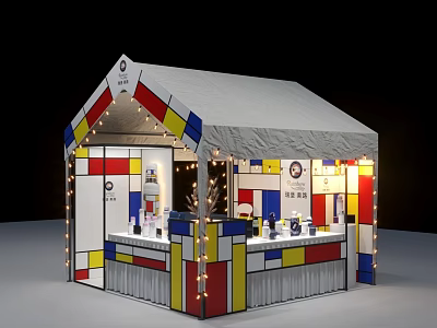 Colorful Square Decorative Booth With White Tent Roof And String Lights 3d model