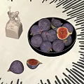 Ceramic Bowl Filled With Fresh Purple Figs On Light Tablecloth With Black Geometric Patterns