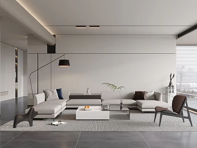Modern Living Room Interior With Light Colored Sofa Coffee Table Floor Lamp And Green Plant 3d model