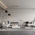 Modern Living Room Interior With Light Colored Sofa Coffee Table Floor Lamp And Green Plant
