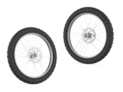 Two Off Road Motorcycle Tires With Deep Tread And Wheel Rims Brake Discs 3d model