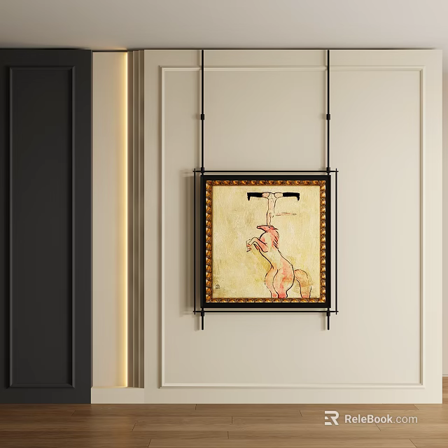 Abstract Painting with Gold Frame Wall Mounted in Light Colored Interior and Dark Decor Accents 3d model 