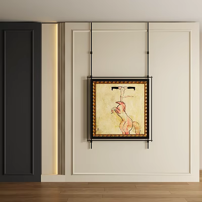 Abstract Painting with Gold Frame Wall Mounted in Light Colored Interior and Dark Decor Accents 3d model