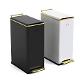 Public Trash Bins In Black And White With Gold Accents And Lids