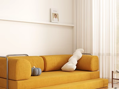 Multi Seater Yellow Corduroy Sofa With White Pillow Blue Pumpkin Decor In Cozy Interior 3d model