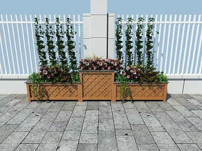 Decorative Garden Planters With Tall Green Plants Pink Flowers Against White Fence Stone Pavement 3d model