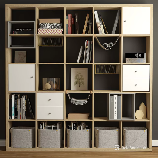 Modern Bookshelf Interior Design With Open Compartments Drawers Books And Storage Boxes 3d model