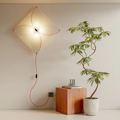 Modern Petal Shaped Wall Lamp In Interior With Potted Plant And Wooden Cabinet 3d model