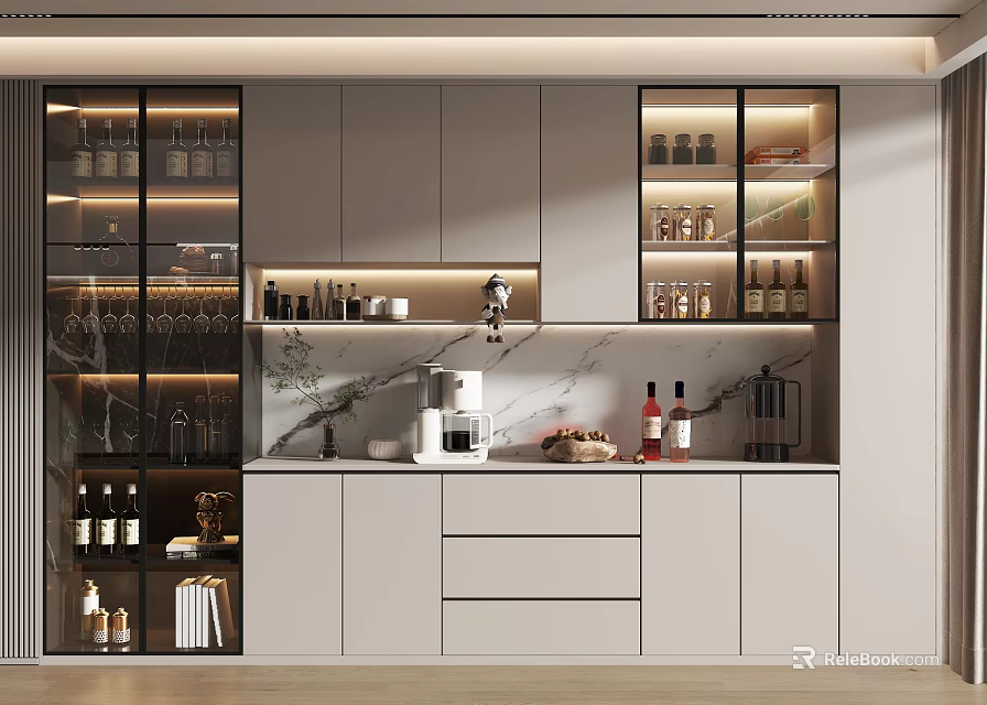 Modern Wine Cabinet Design With Glass Doors Built in Lighting And Marble Countertop 3d model 