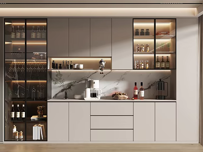Modern Wine Cabinet Design With Glass Doors Built in Lighting And Marble Countertop 3d model