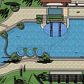 Luxury Outdoor Swimming Pool Area With Green Trees Sunshade Pavilion Lounge Chairs And Swimmers