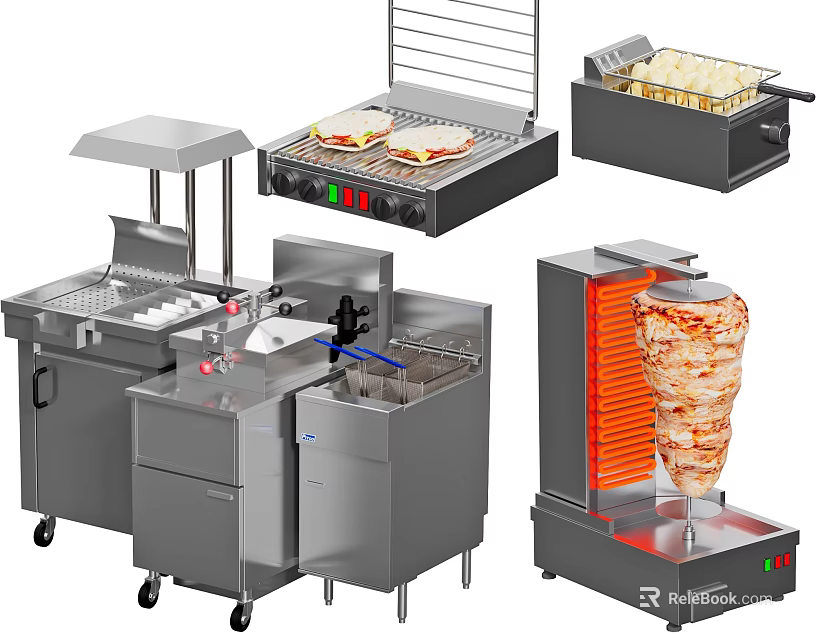Commercial Stainless Steel Kitchen Appliances With Grill Fryer And Doner Kebab Machine 3d model 