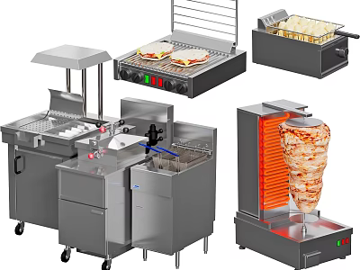 Commercial Stainless Steel Kitchen Appliances With Grill Fryer And Doner Kebab Machine 3d model