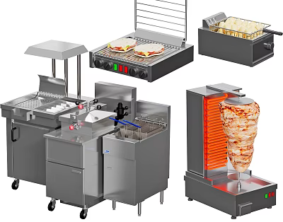 Commercial Stainless Steel Kitchen Appliances With Grill Fryer And Doner Kebab Machine 3d model