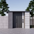 Building Exterior Wall Design with Modern Door Stone Wall and Trees 3d model