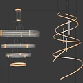 Modern Multi tiered Circular And Spiral Gold Chandeliers With Transparent Elements On Black Wall