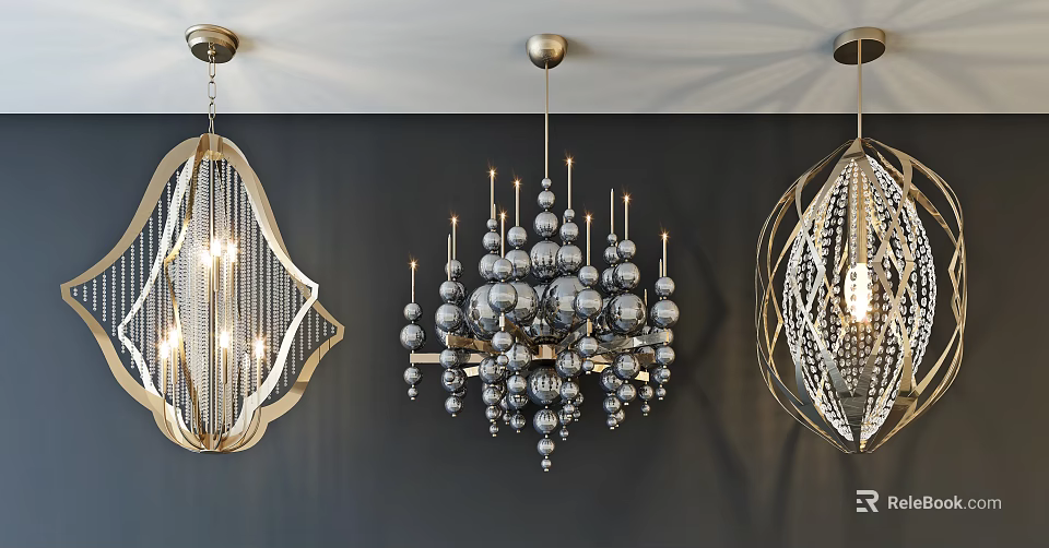 Modern Unique-shaped Chandeliers Design With Metal Frames Crystal Beads And Geometric Spherical Shapes 3d model 