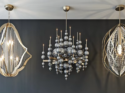 Modern Unique-shaped Chandeliers Design With Metal Frames Crystal Beads And Geometric Spherical Shapes 3d model