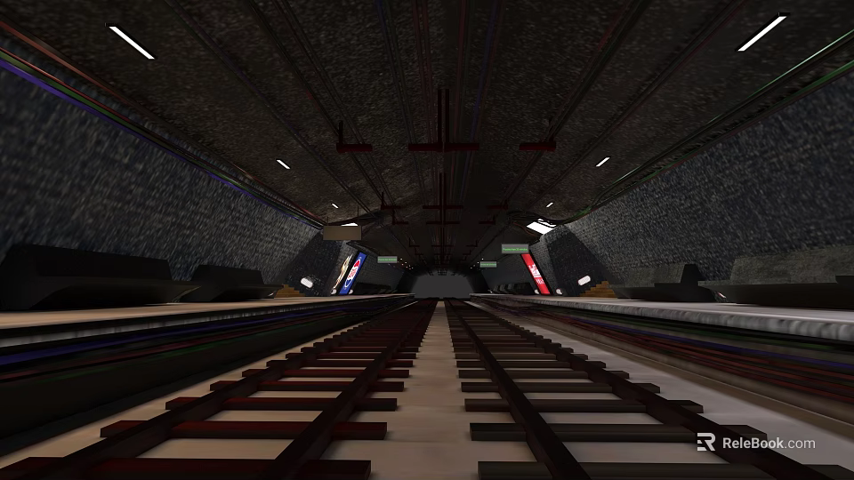 Subway Tunnel Interior Featuring Extending Tracks Stone Walls Red Structures And Lighting 3d model 